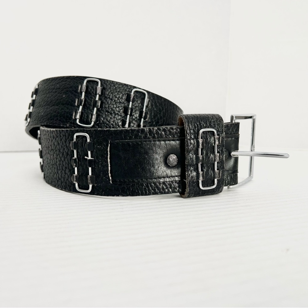 Black Textured Leather Men's Belt with Silver Hardware